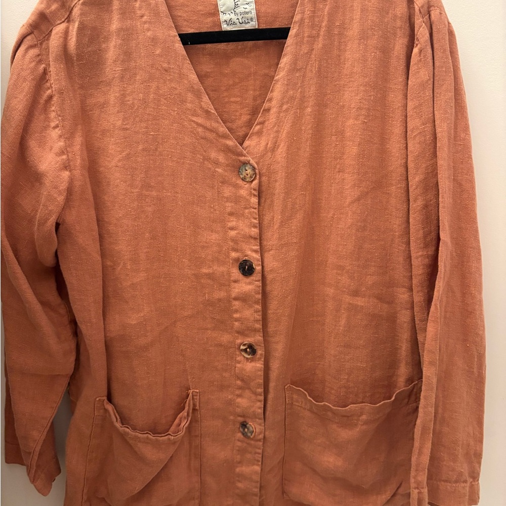Vintage Orange Terracotta Linen Button-Up Cardigan Jacket